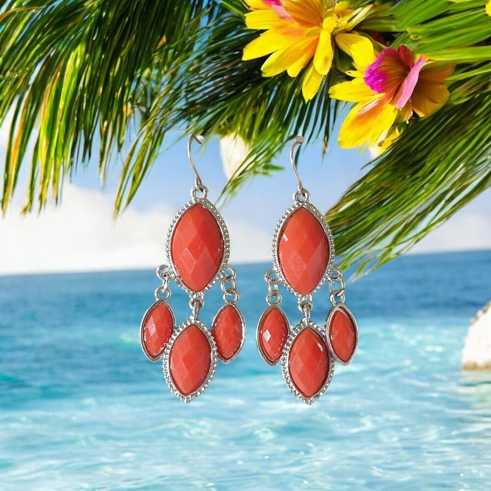 Vintage Silver Tone Orange Dangle Drop Earrings Facited Plasctic Metal Fashion